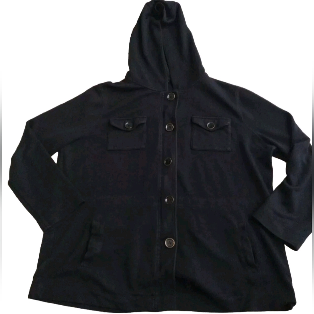 Talbots Button up Hooded Shirt Woman 10/12 Petites Black Lightweight Pockets Zip